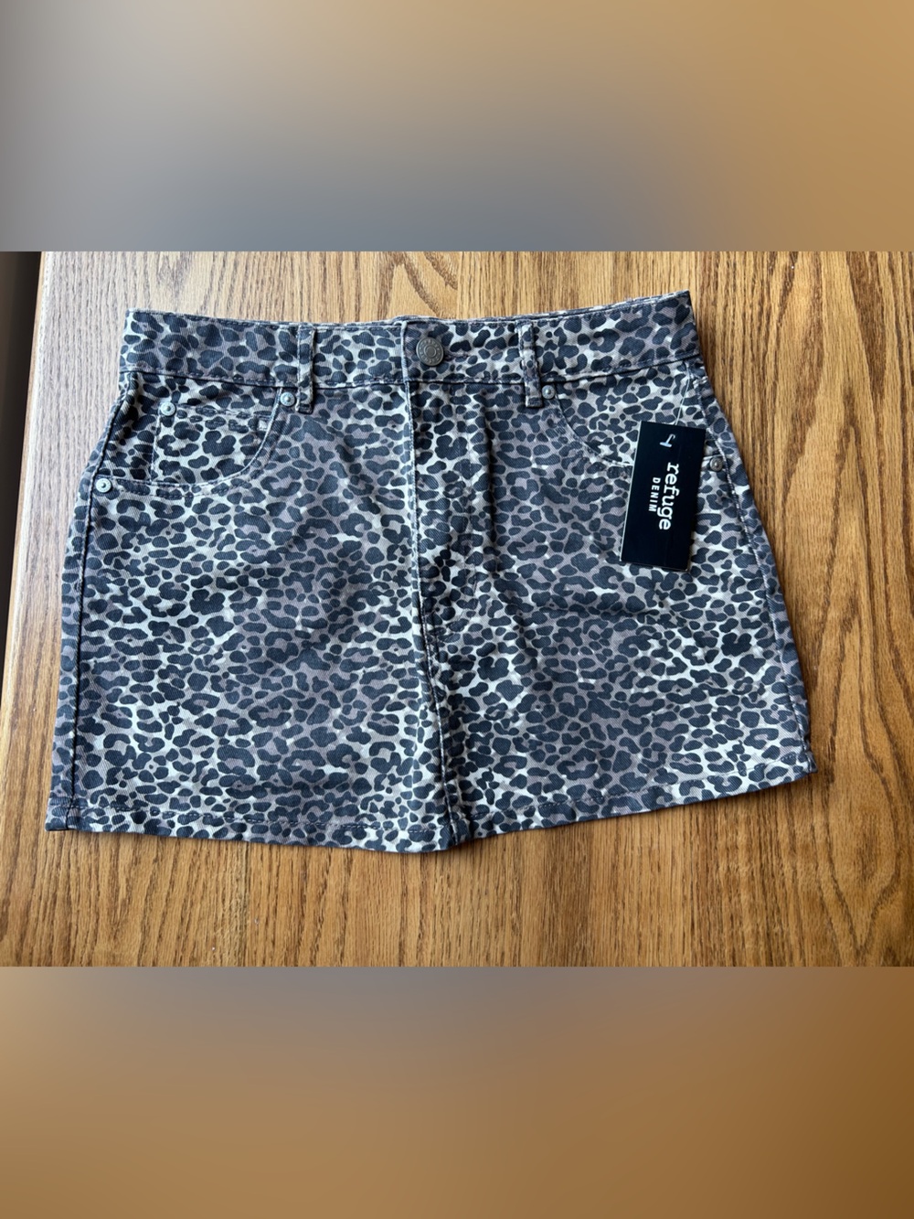 Refuge Denim Leopard Print Mini Skirt NWT